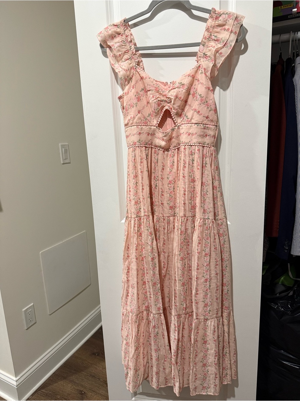 T.J.Maxx Pink Floral Midi Dress with Ruffle Sleeves